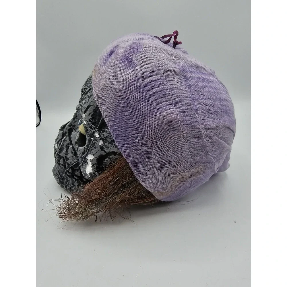 Vintage Hanging Skull Styrofoam Pirate Purple Cap Bulging‎ Eyes Halloween Prop
